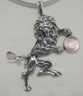 Sterling Silver Royal Rampant Lion Pendant With Rose Quartz